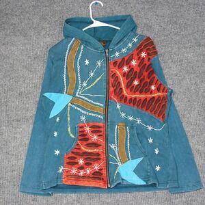 Rising International Women's Hoodie Zip Up Jacket Teal Embroidered Size L
